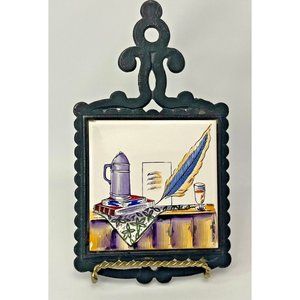 Vtg Cast Iron Metal Wall Trivet hand painted Tile Writer Enthusiasm Japan